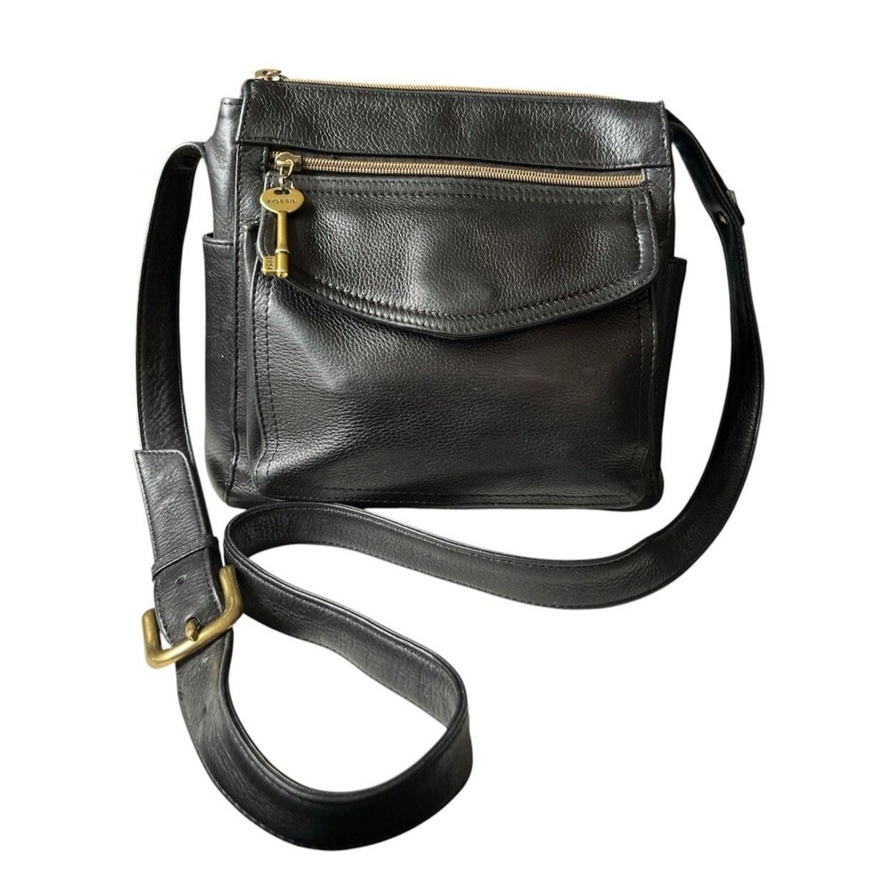 Vintage Fossil 1954 Crossbody Purse Black Leather Tote Bag 75082 Key 9x8x4"